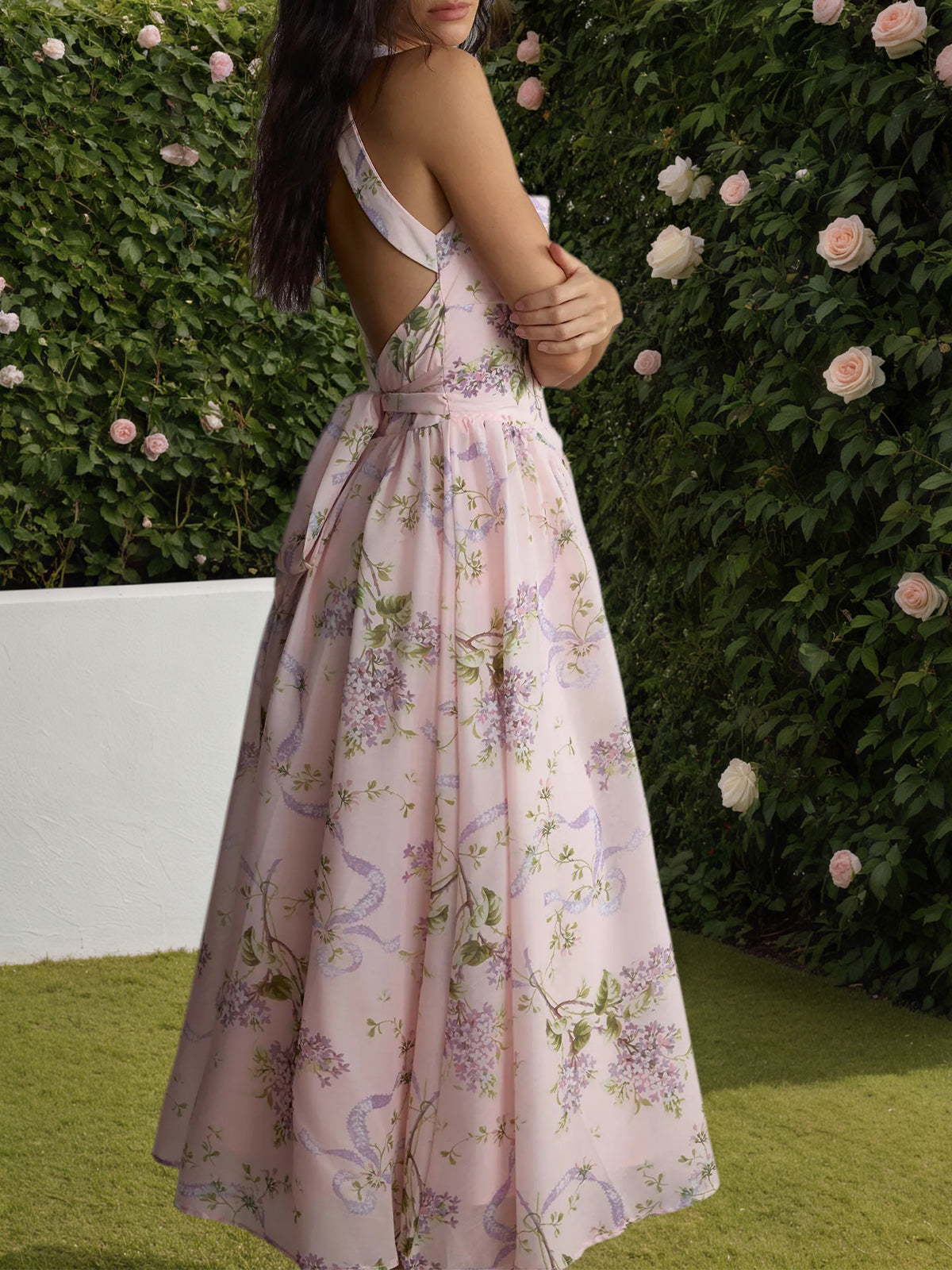 Pink Floral Print Open Back Midi Dress