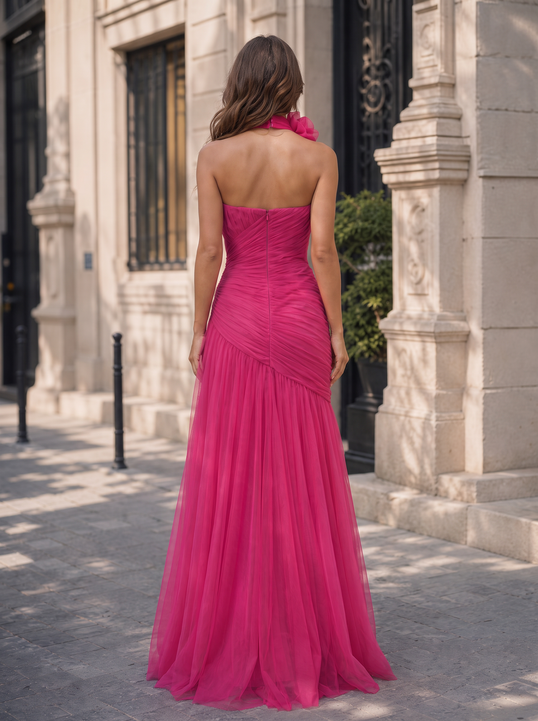 Hot Pink Strapless Ruched Tulle Formal Dress with Floral Choker