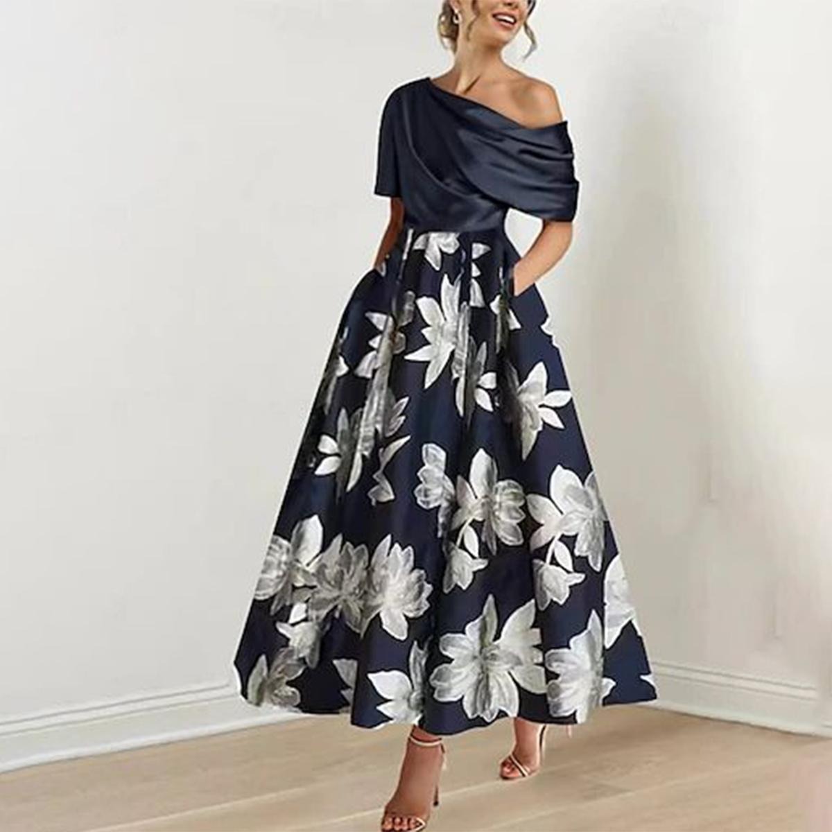 Modern Off the Shoulder Floral Print Maxi Dress