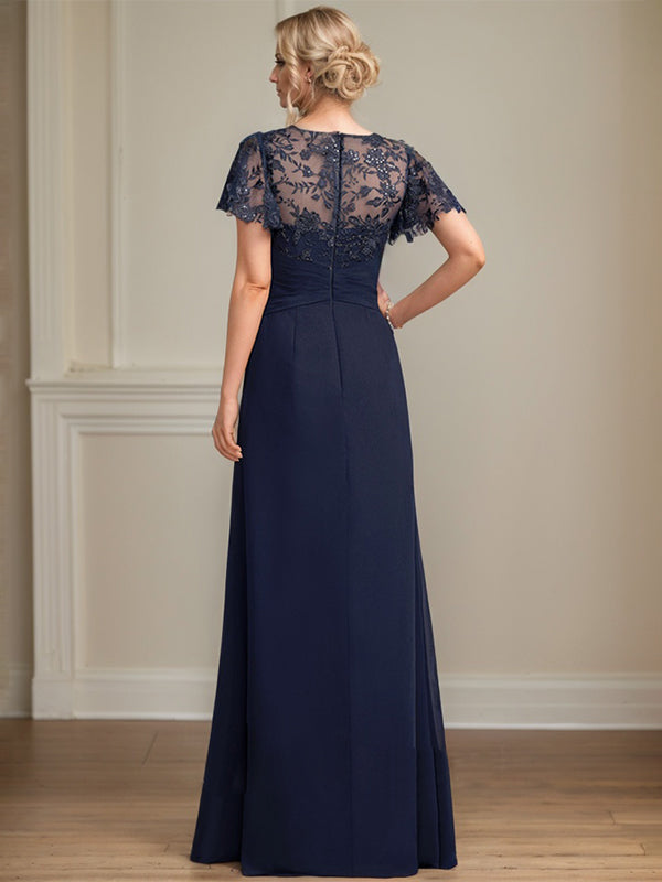 A-line Asymmetrical Illusion Floor-Length Lace Chiffon Mother of the Bride Dress With Cascading Ruffles Sequins