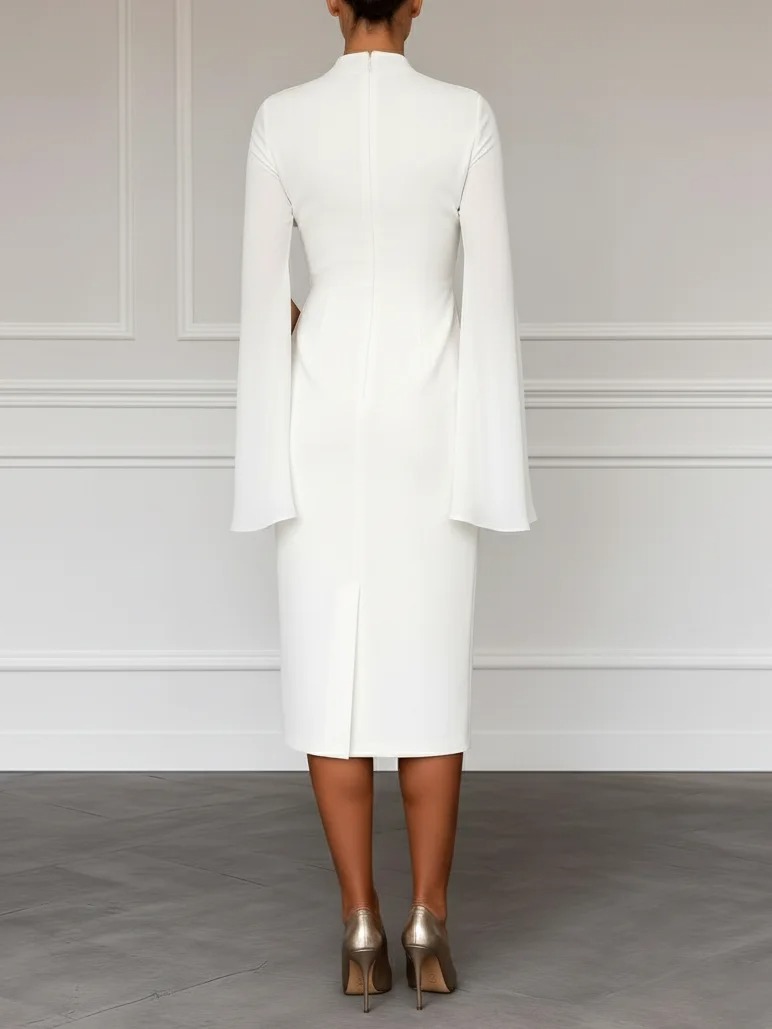 White Slit Chiffon Mock Neck Long Sleeve Bodycon Midi Dress
