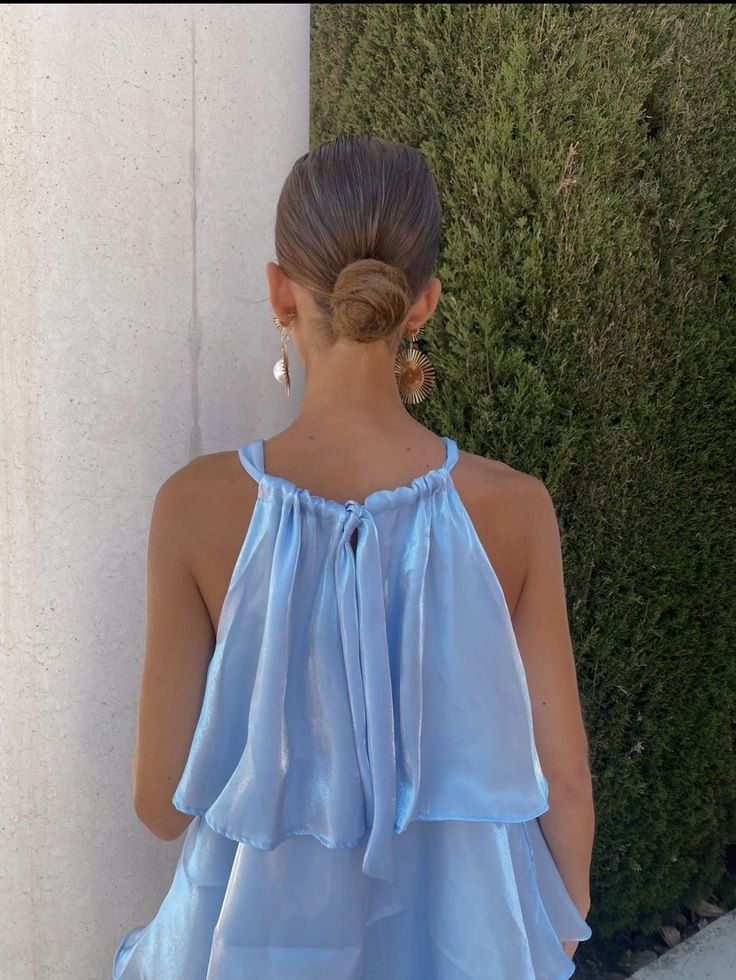 Women Light Blue Satin Halter Tiered Ruffle Mini Dress Backless Party Dress