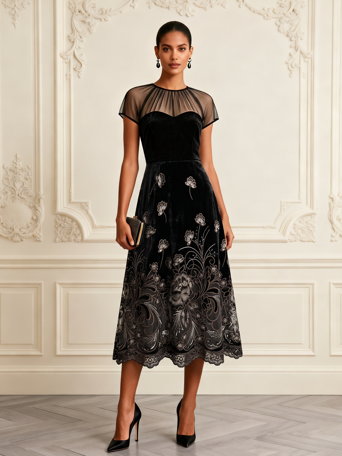 Black Embroidery Velvet Crew Neck Short Sleeve A-Line Midi Dress