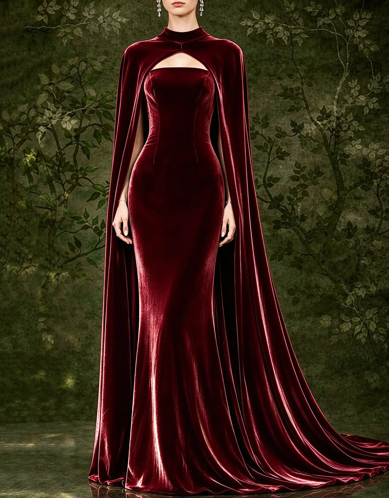 Velvet Long Cape Strapless Mermaid Evening Maxi Dress