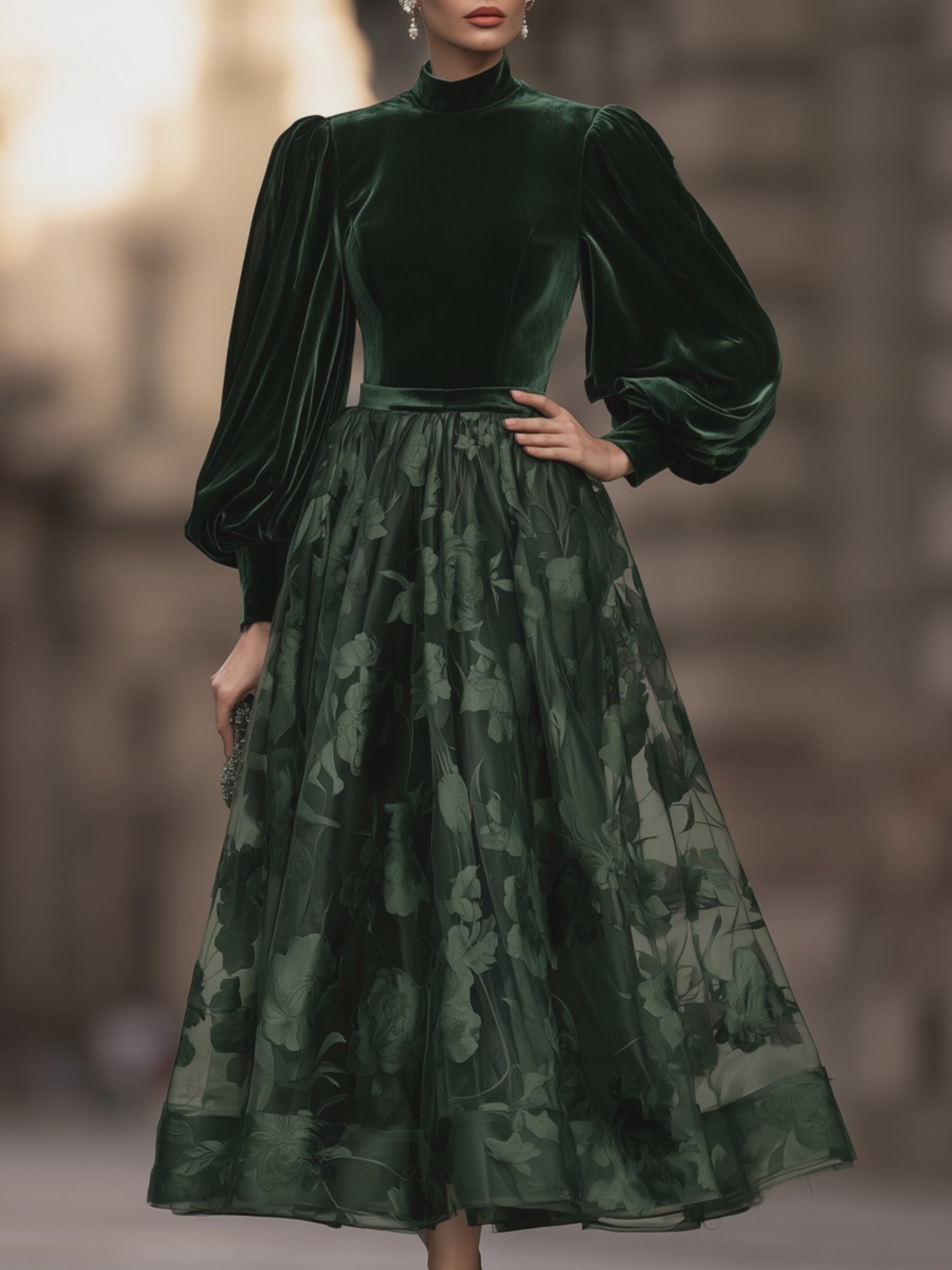Dark Green Velvet Puff Sleeve Midi Dress with Floral Tulle A-Line Skirt