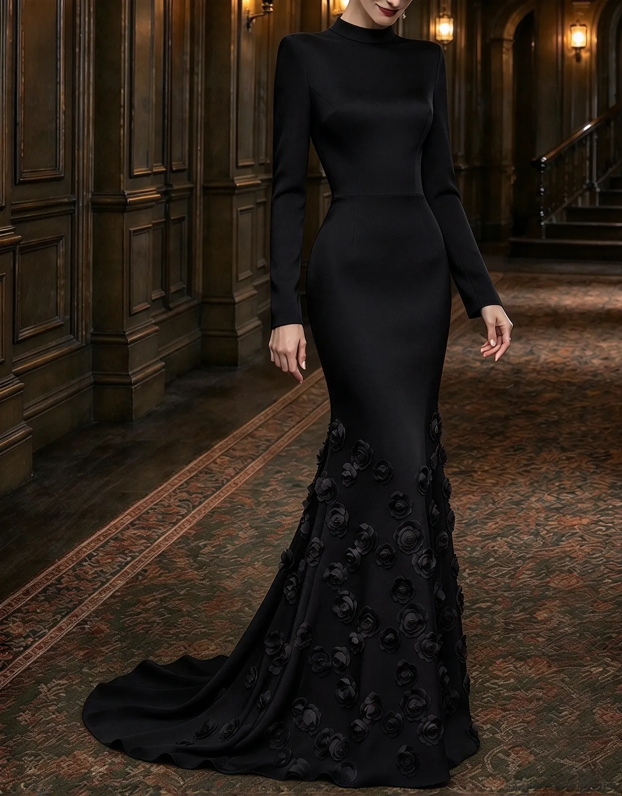 High Neck Long Sleeve Satin 3D Floral Mermaid Evening Maxi Dress