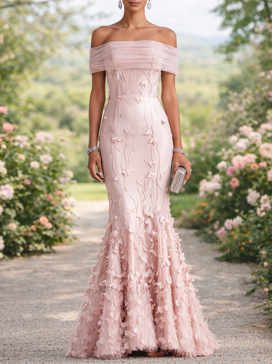 Light Pink 3D Floral Embroidery Classic Off The Shoulder Short Sleeve Mermaid Gown Dress