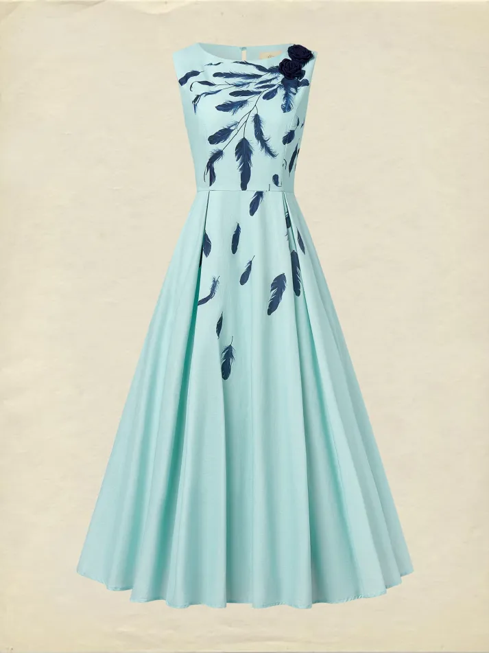 Maxi Linen Dress , Sleeveless, Round Neck, Feather Pattern, Pocket Design, Vintage, Sky Blue