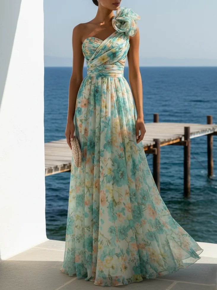 Lightgreen Floral 3D Floral Chiffon One Shoulder Sleeveless A-Line Floor-length Gown Dress