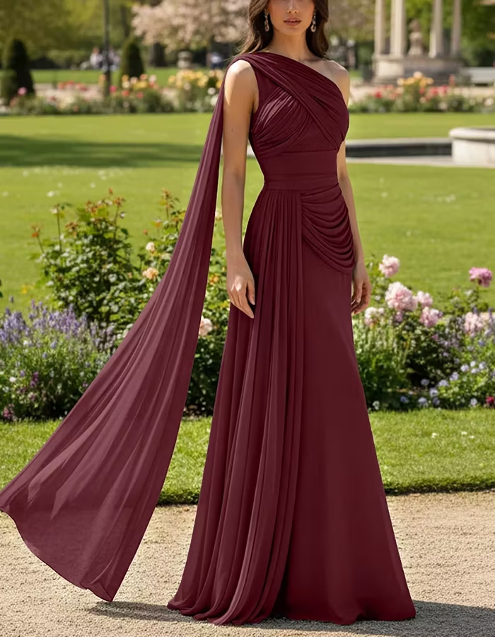 One‑Shoulder Draped Long Shoulder Sash Ruched A‑Line Maxi Dress