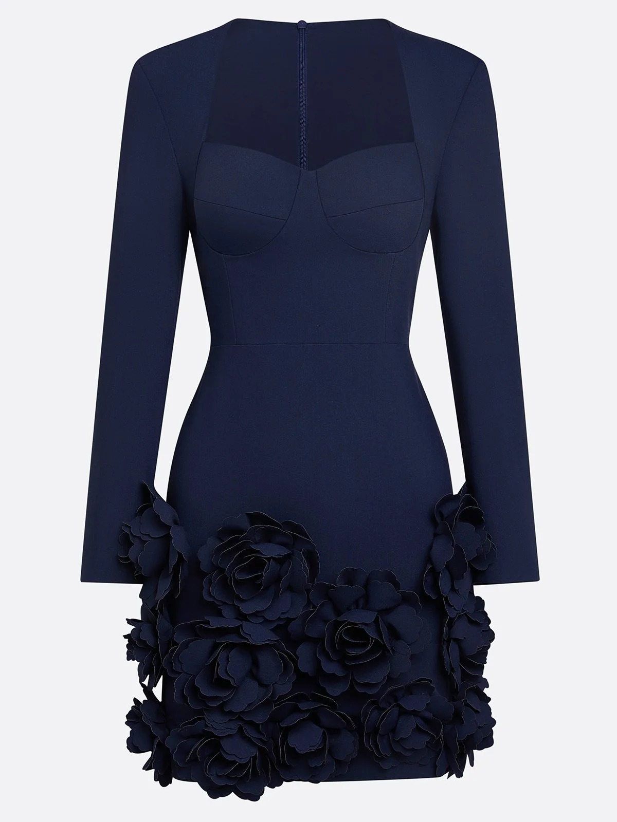 Navy Blue 3D Floral Classic Sweetheart Neckline Long Sleeve Sheath Mini Dress