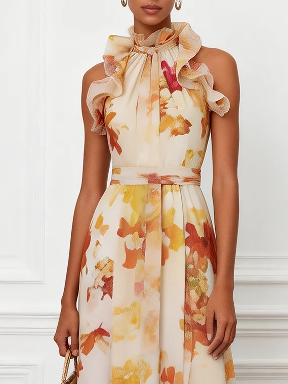 Light Orange Floral Ruffled Chiffon Mock Neck Sleeveless A-Line Maxi Dress