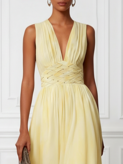 Yellow Woven Chiffon V Neck Sleeveless A-Line Maxi Dress