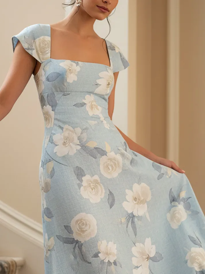 Maxi Linen Dress, Short Sleeves, Square Neck, Floral, Vintage, Blue