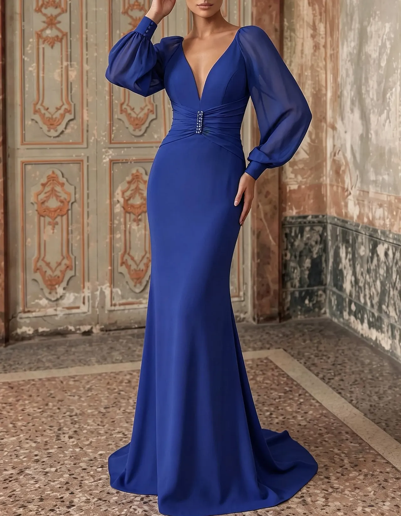 Deep V Neck Chiffon Long Puff Sleeve Waist Mermaid Evening Maxi Dress