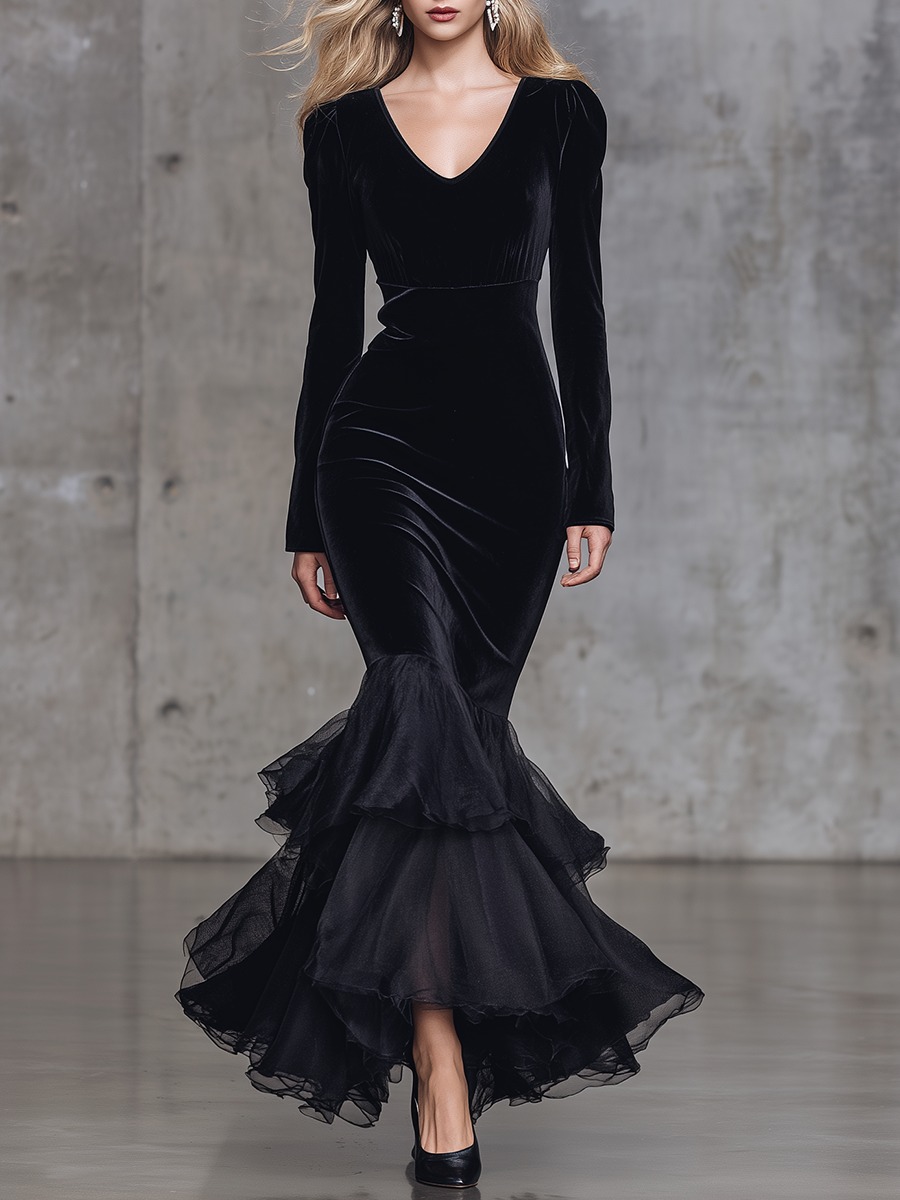 Elegant Cocktail V-neck Chiffon Fishtail Hem Black Velvet Maxi Dress