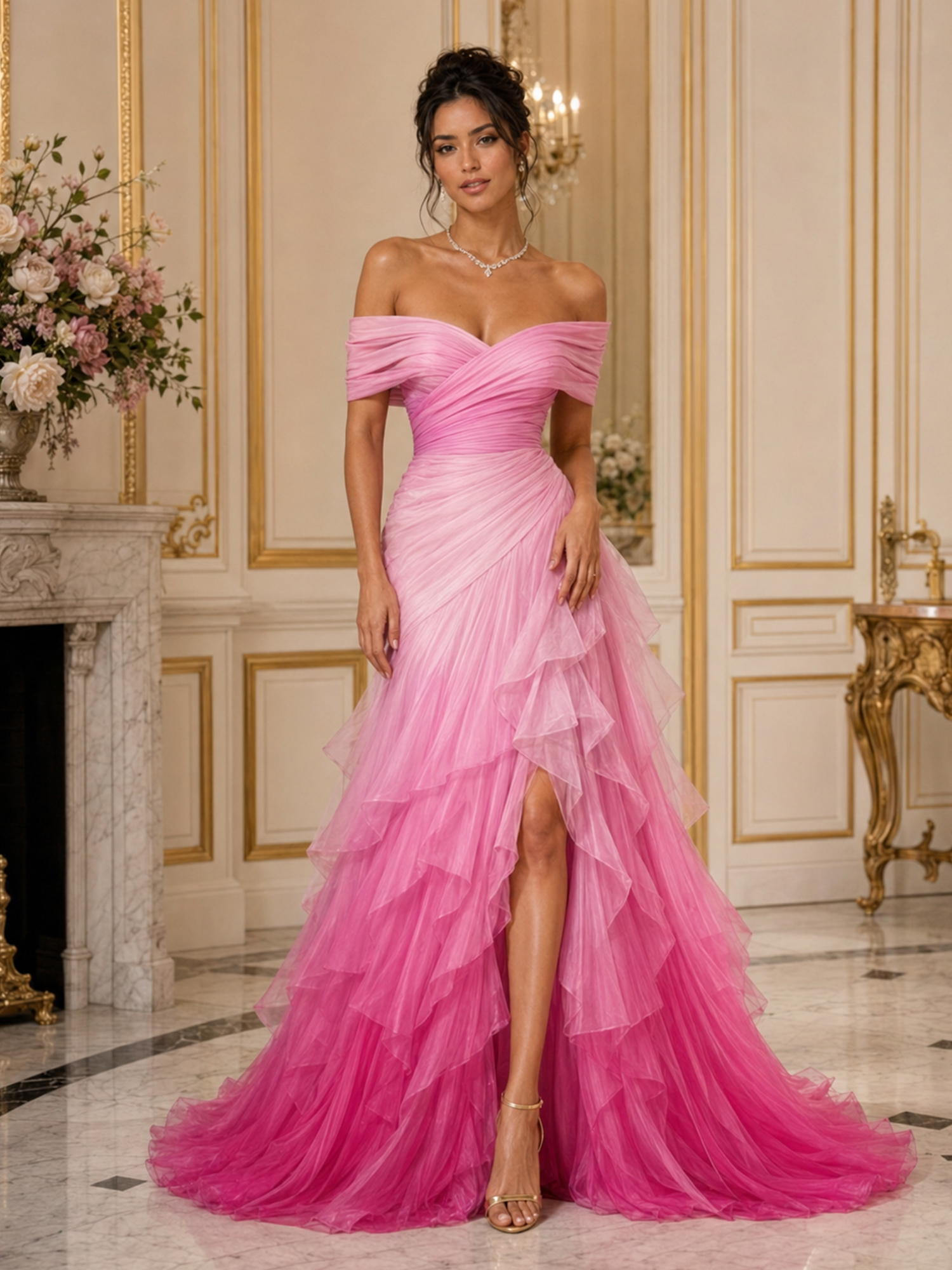 Pink Ombre Tulle Evening Gown Off‑The‑Shoulder Ruched High Slit Tiered Ruffle Formal Dress