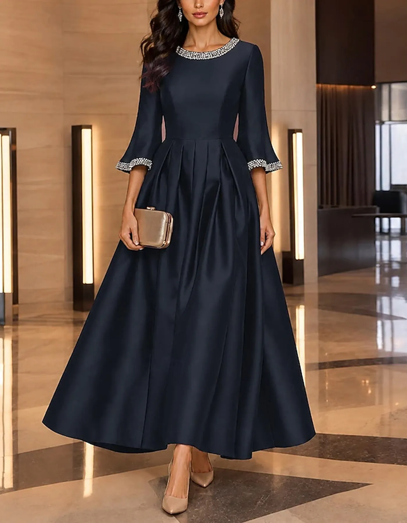 Navy Blue Satin Sequin Crew Neck Maxi Dress