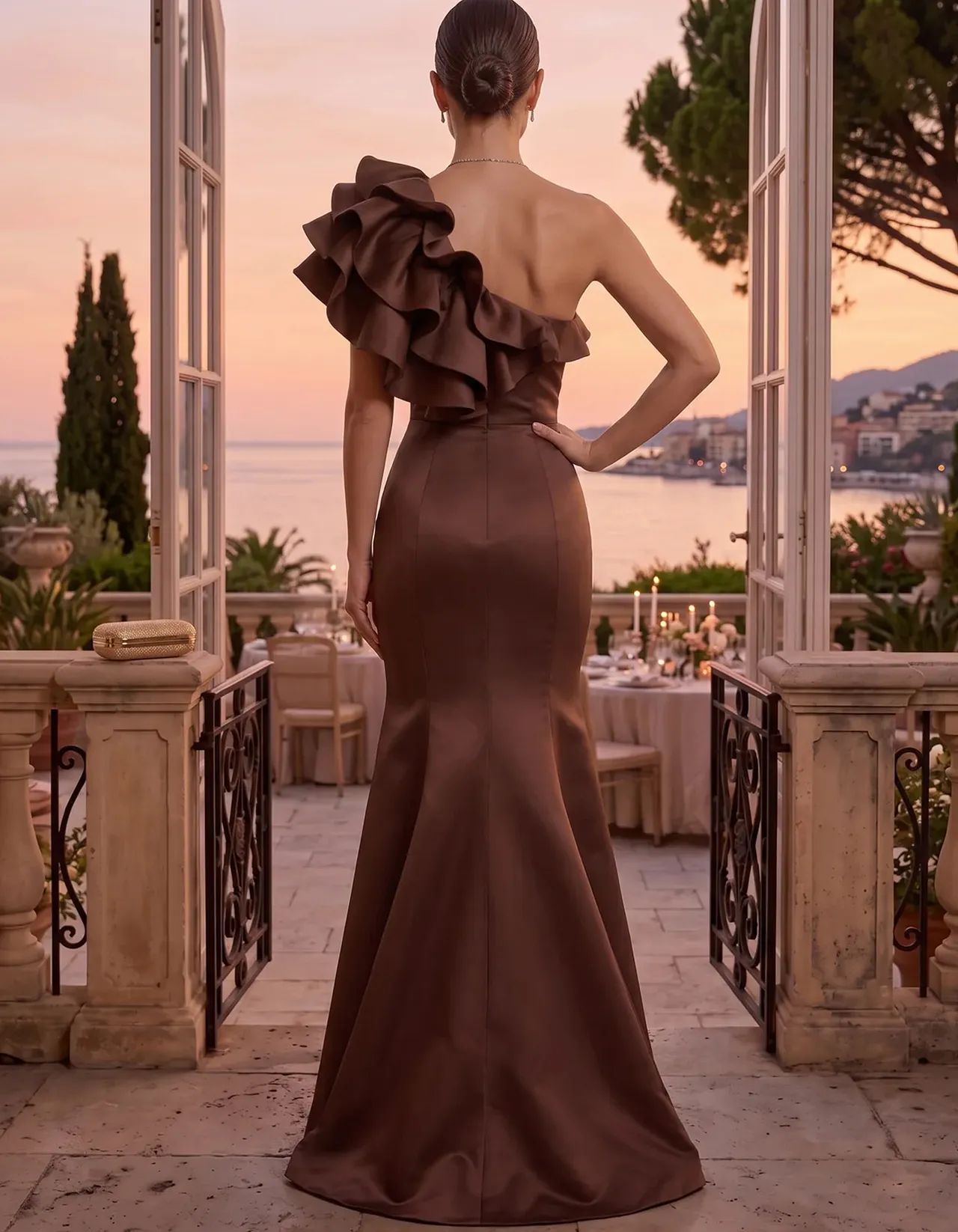 Satin One Shoulder Layered Large Ruffle Trim Maxi Dress