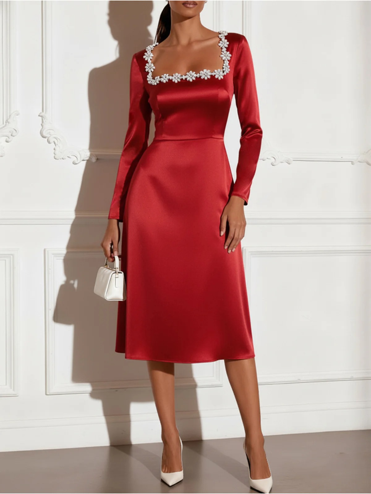 Red Rhinestone Satin Square Neck Long Sleeve Sheath Midi Dress