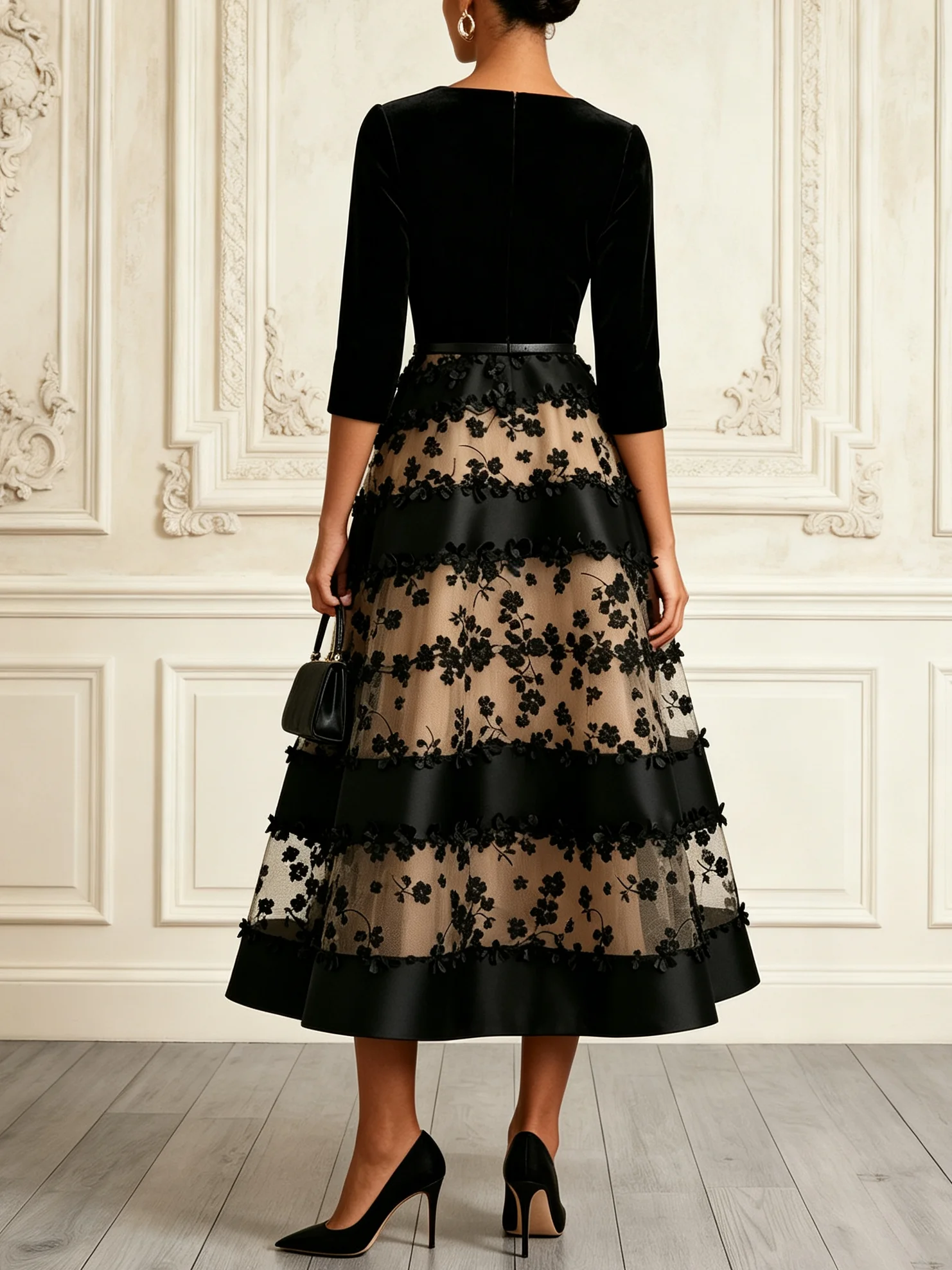 Black Flocked Ruched Velvet Notched Half Sleeve A-Line Midi Dress