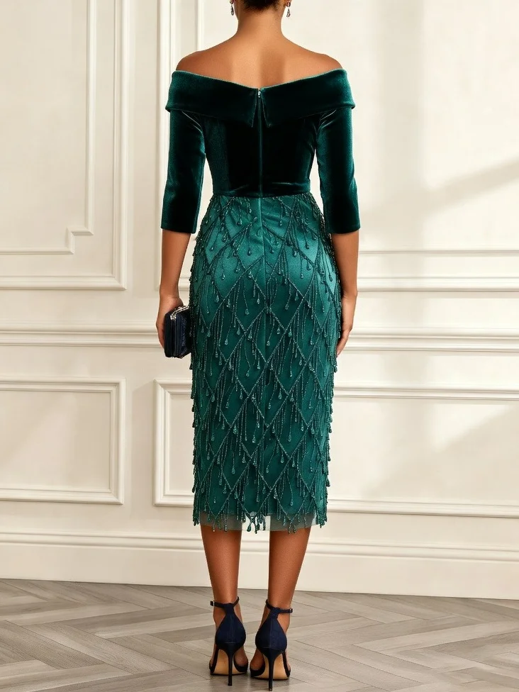 Green Tassel Velvet Off The Shoulder Three Quarter Sleeve Sheath Midi Dress