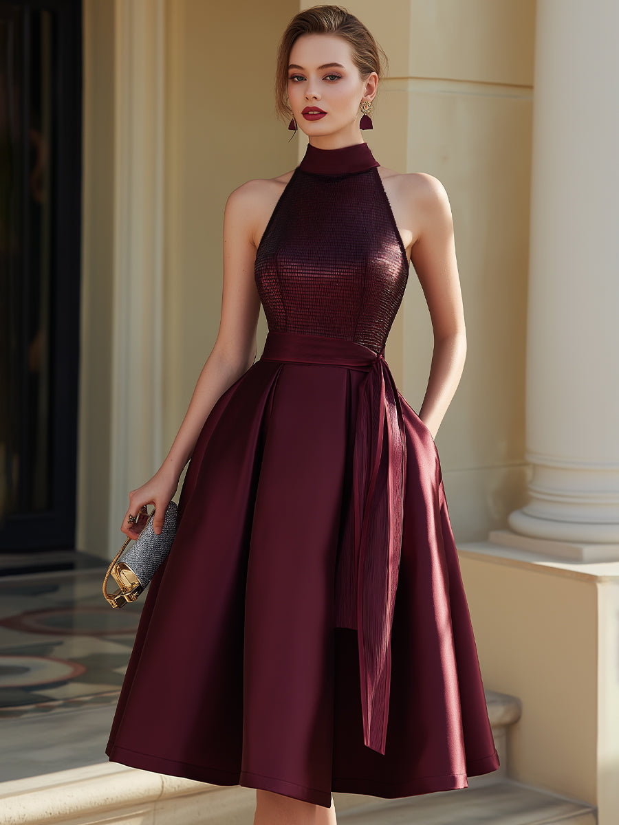 Burgundy Halter Neck Pleated Midi Dress