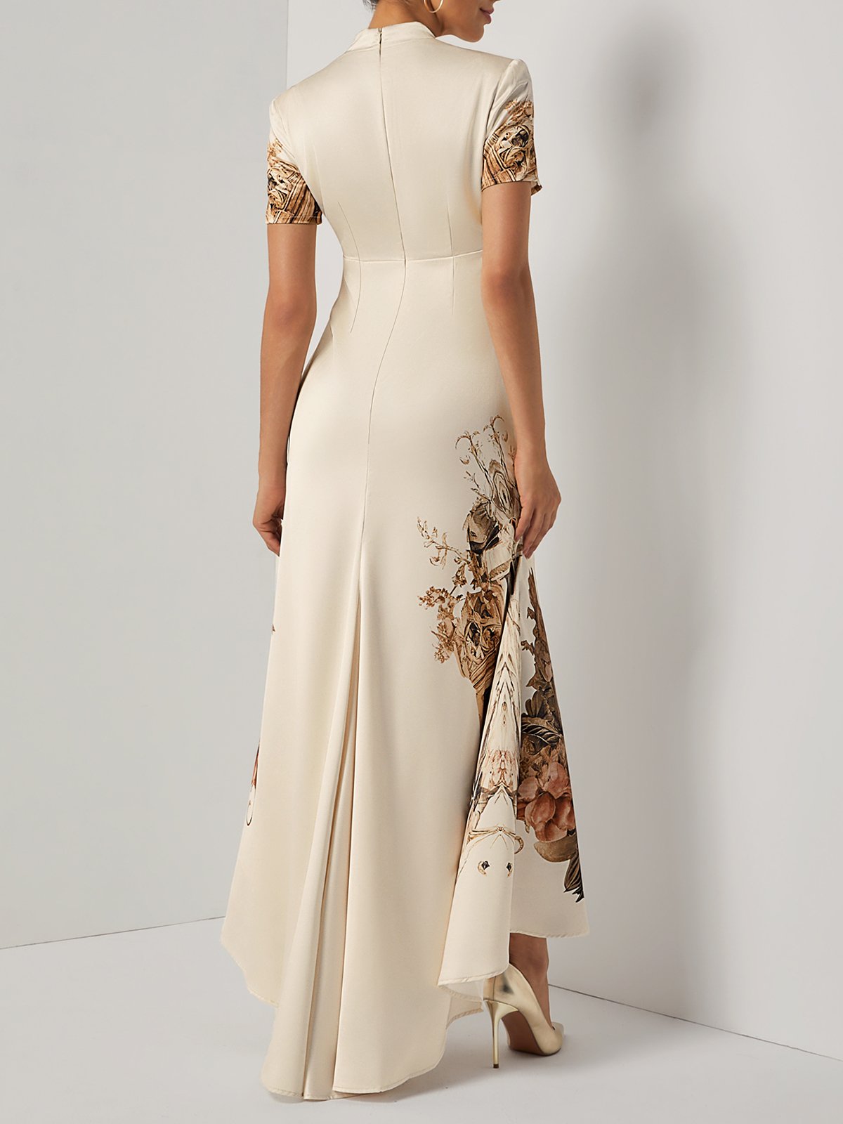Beige Floral Satin Deep V Neck Short Sleeve Mermaid Maxi Dress