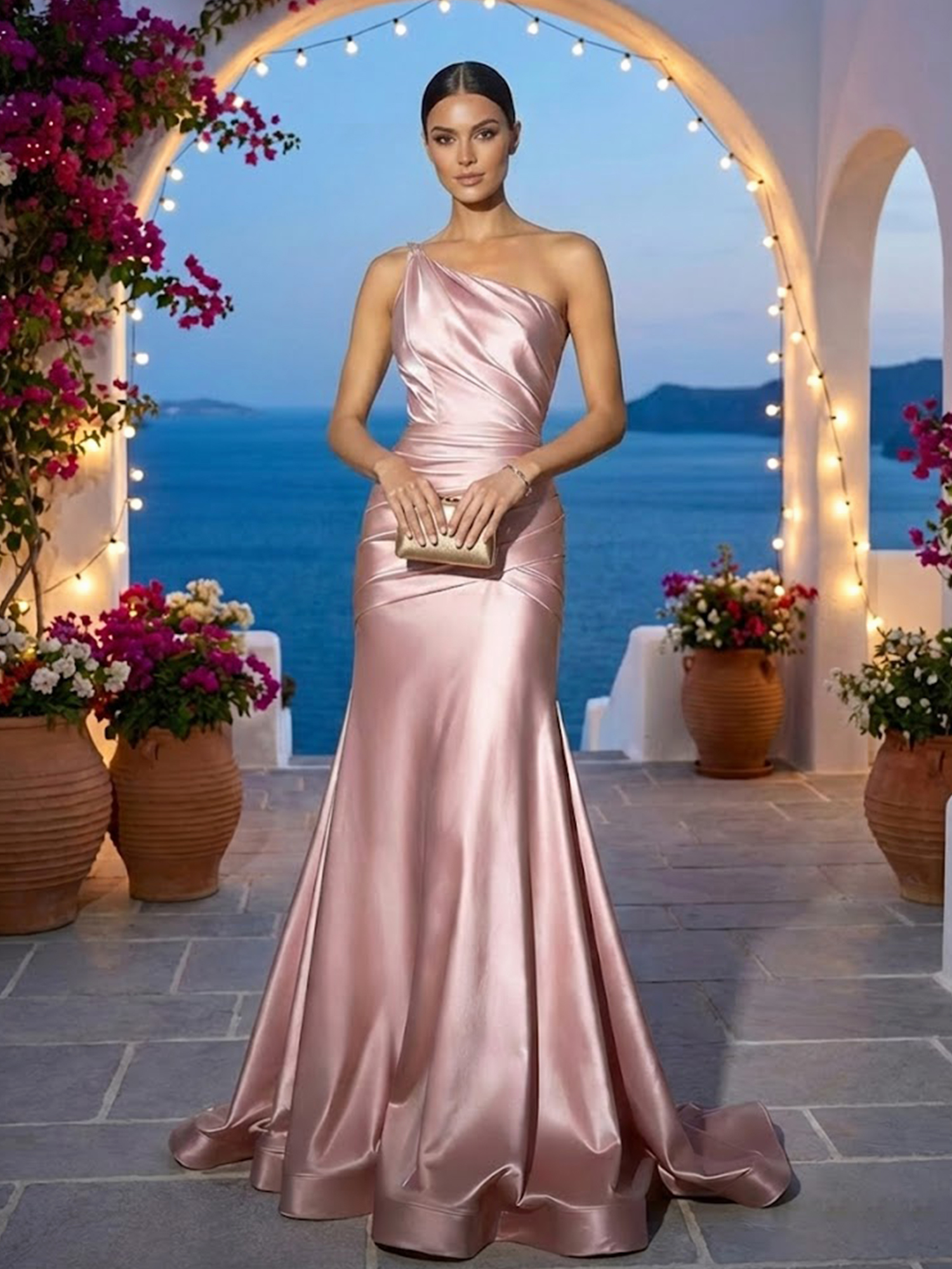 Pink Ruched Satin One Shoulder Sleeveless A-Line Gown Dress