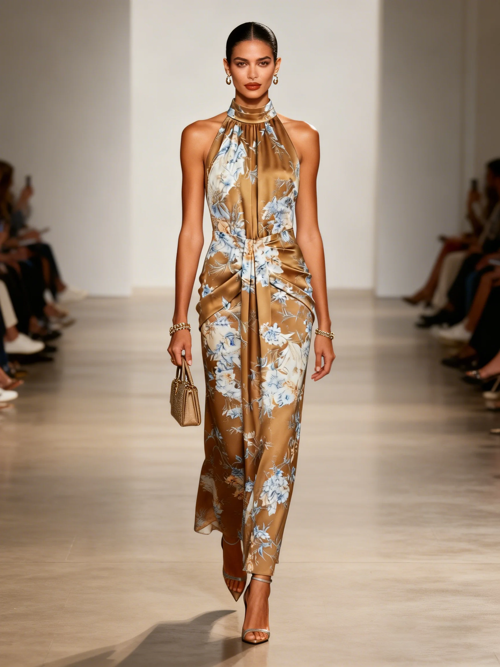 Brown Ruched Floral Satin Halter Neck Sleeveless Sheath Maxi Dress