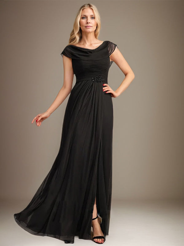 A-line Scoop Floor-Length Chiffon Mother of the Bride Dress With Pleated Beading