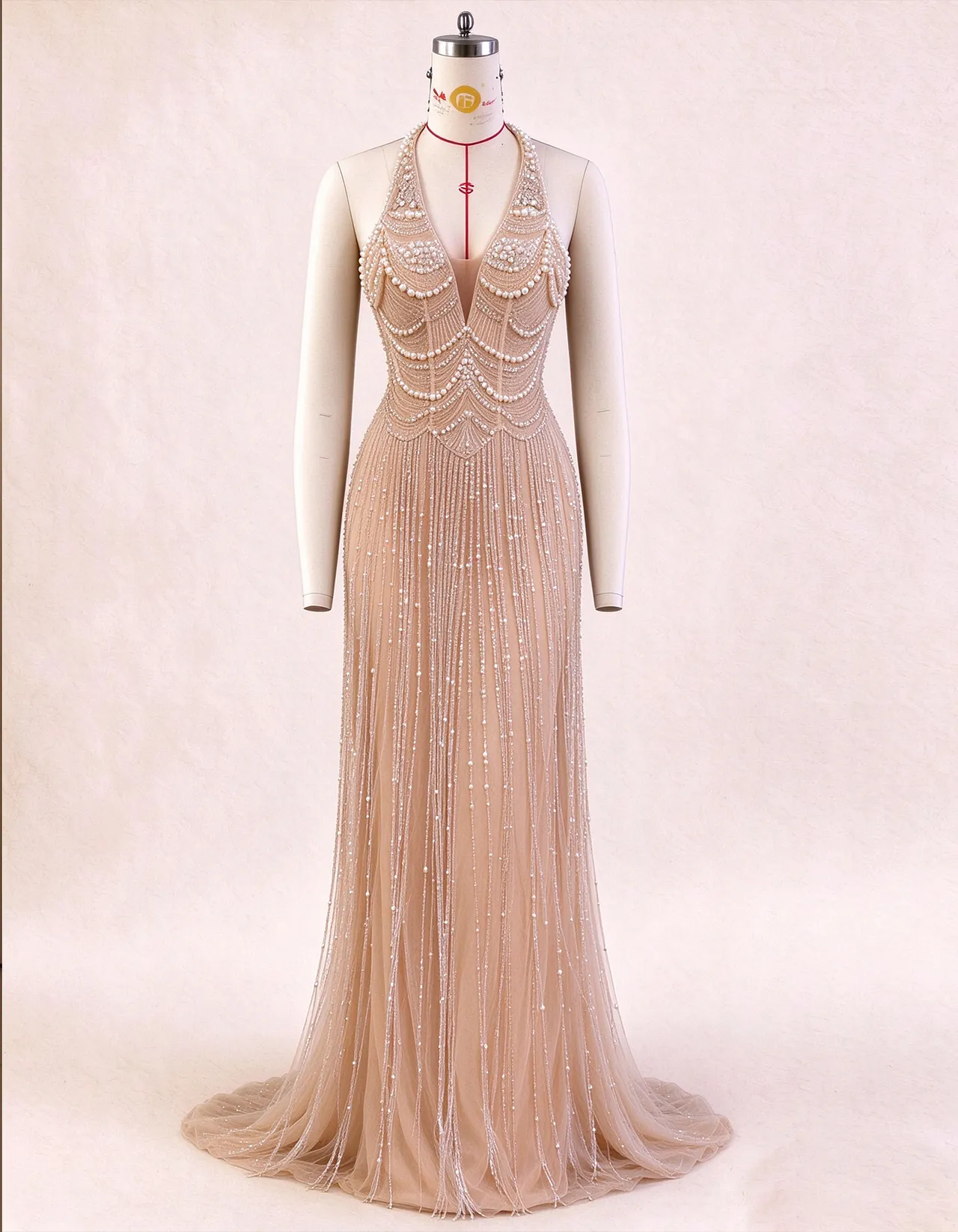 Nude Colored Halter Neck Crystal Evening Gown