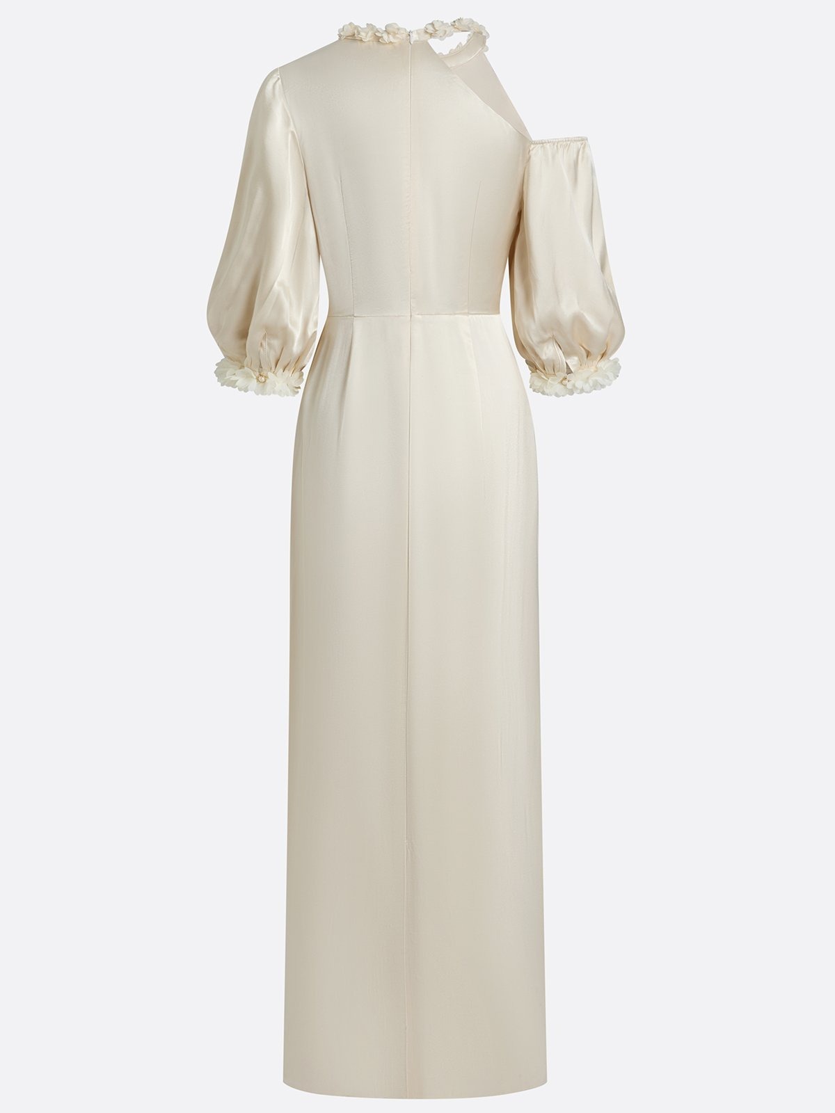 White 3D Floral Classic Asymmetrical Half Sleeve Balloon Sleeve Sheath Maxi Dress