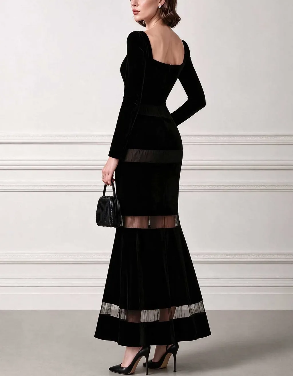 Black Velvet Sweetheart Neck Long Sleeve Mesh Panel Midi Dress
