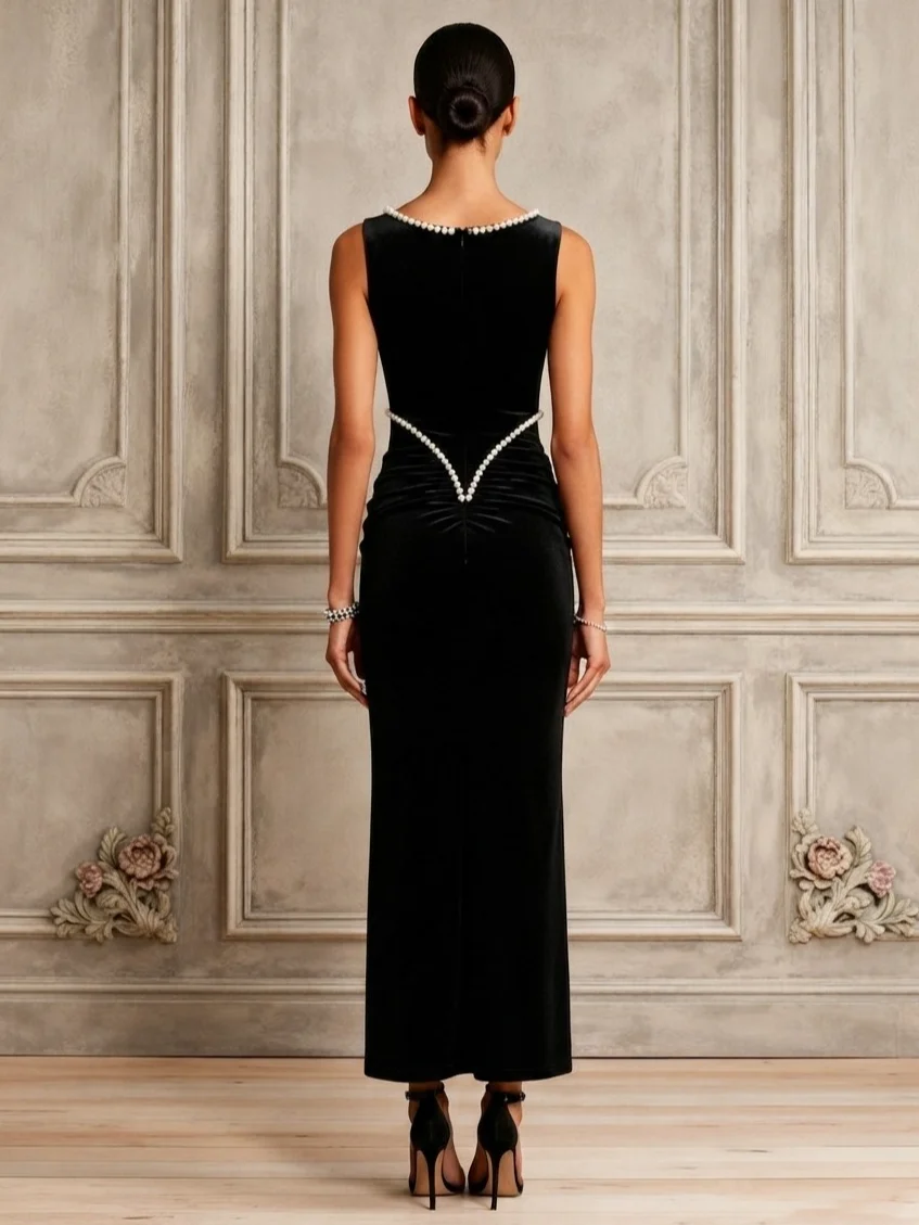Black Faux Pearl Ruched Velvet Crew Neck Sleeveless Mermaid Maxi Dress