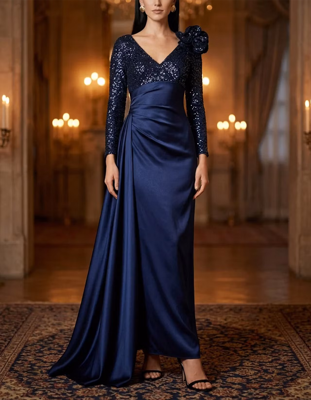 Navy V-Neck Long-Sleeve Sequin-Bodice Satin Maxi Dress