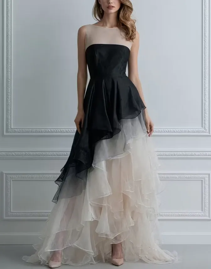 Asymmetrical Layering Of Black And Light Champagne Sleeveless Organza Fabric Maxi Dress