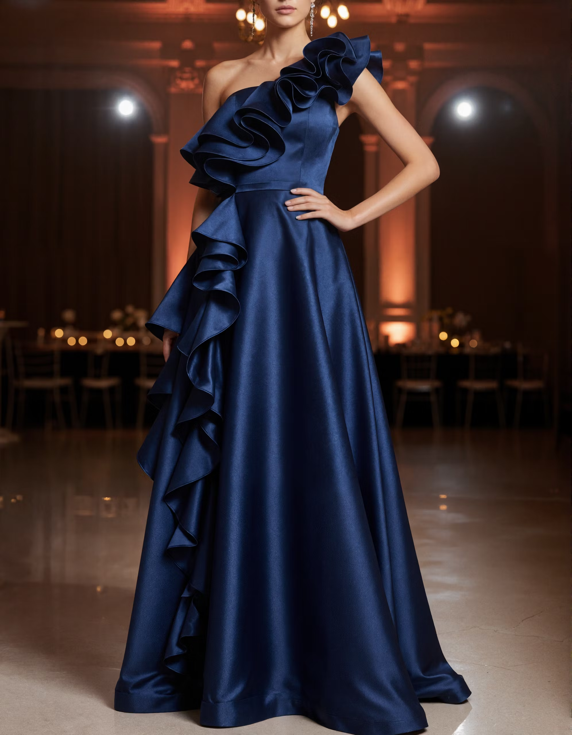 Navy Blue One Shoulder Ruffled Satin Maxi Dress