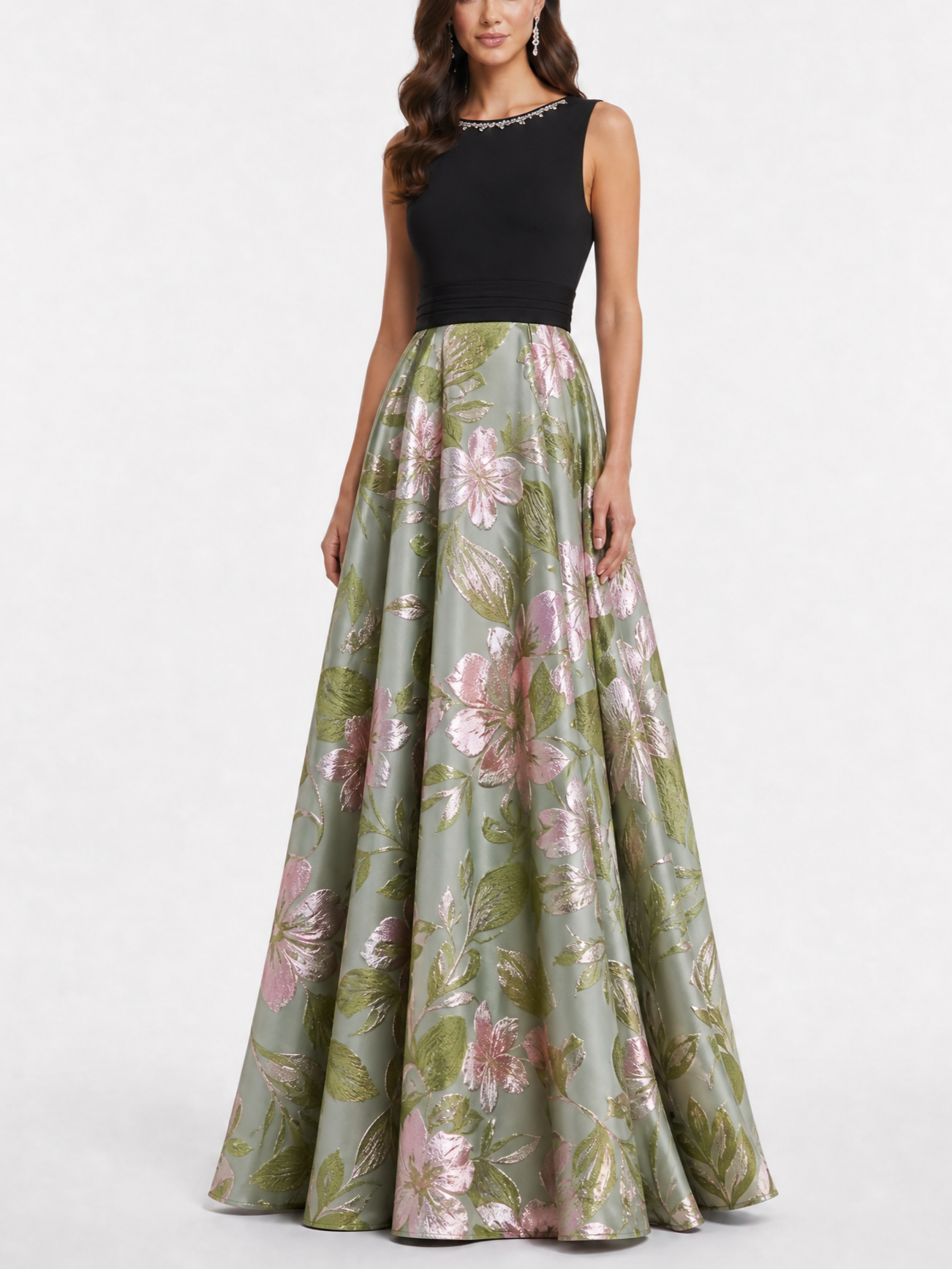 Black Sage Floral Jacquard Ball Gown