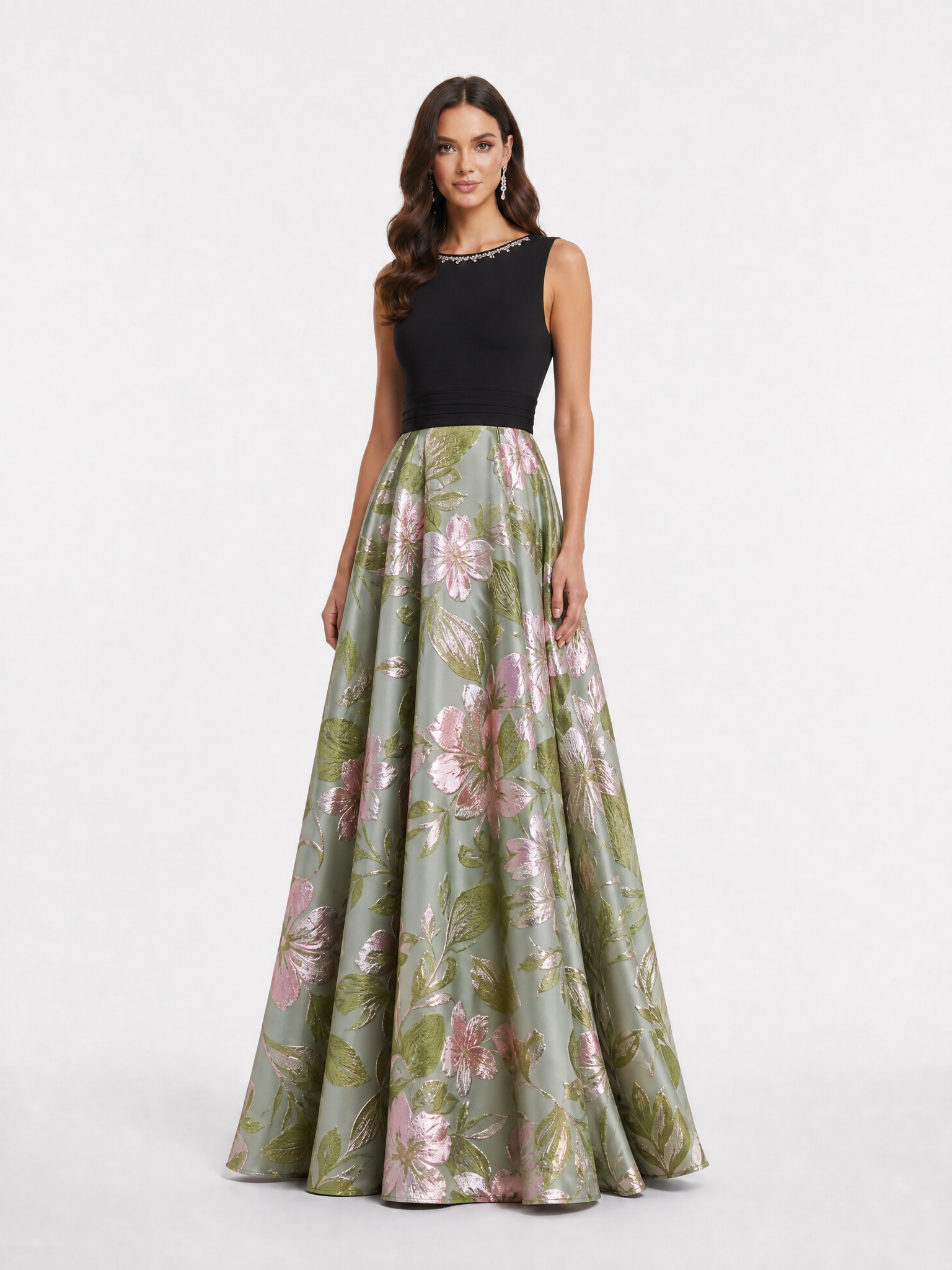 Black Sage Floral Jacquard Ball Gown