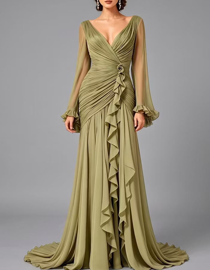 Olive Green Pleated Chiffon Maxi Dress