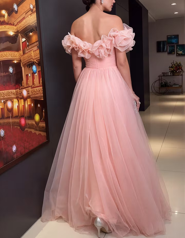 Light Pink Tulle Off-the-Shoulder Ruffle Waist-Cinched Maxi Dress