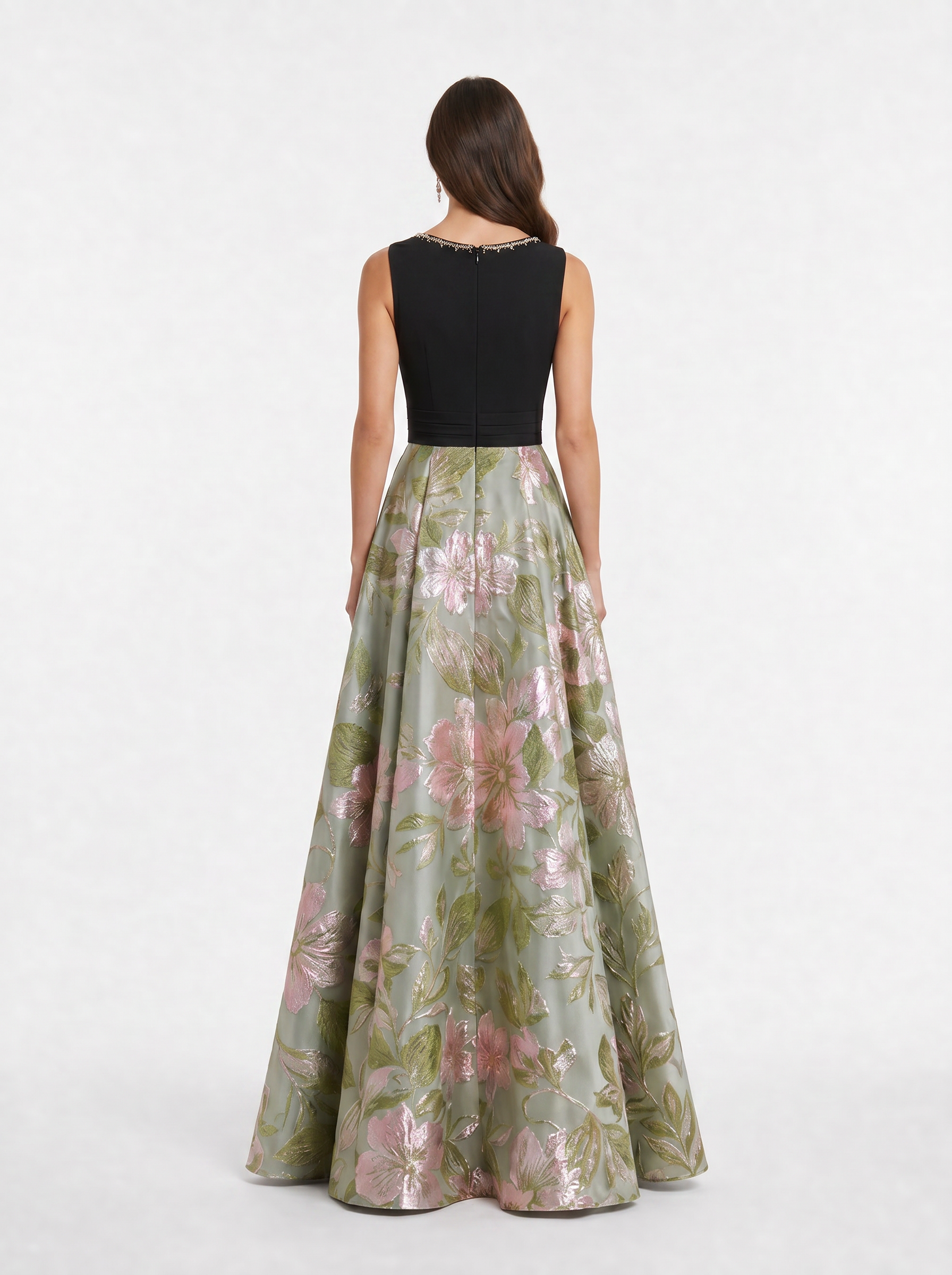 Black Sage Floral Jacquard Ball Gown