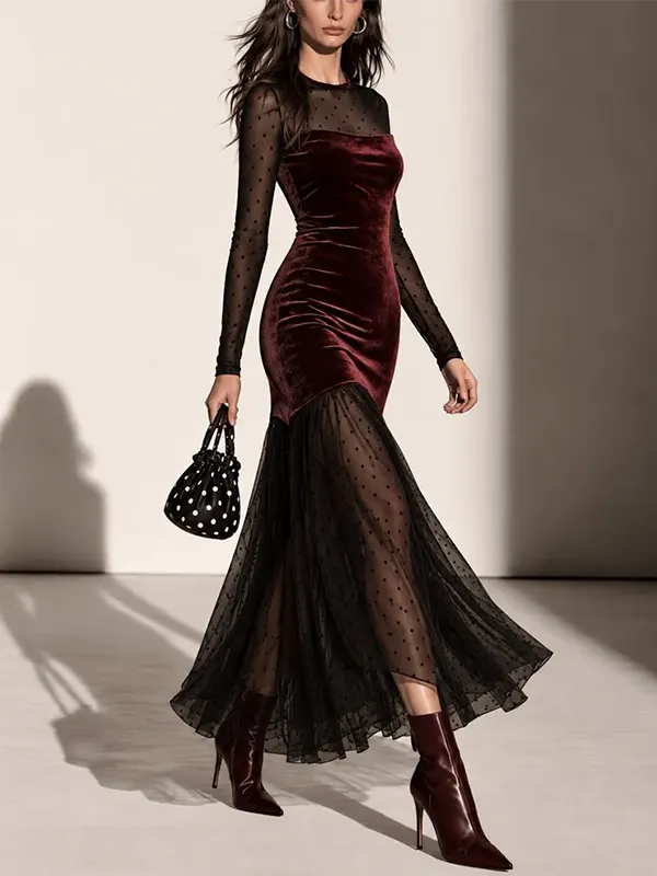 Burgundy Polka Dot Tulle & Velvet Maxi Dress