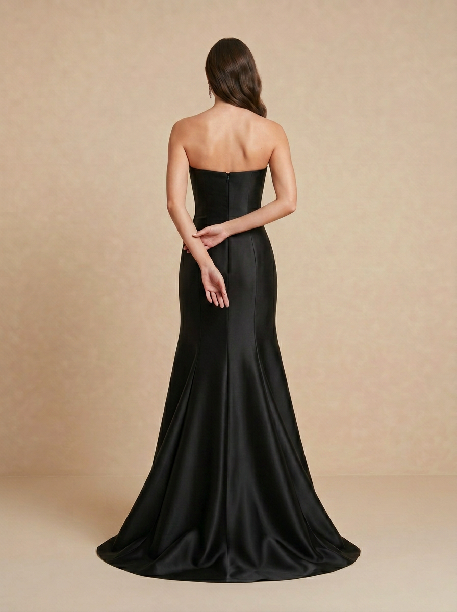 Black Satin Strapless 3D White Rose Mermaid Evening Gown
