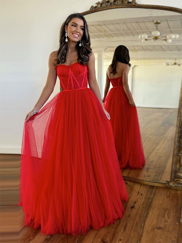 Red A-Line Strapless Sweetheart Neck Lace Long Prom Dress
