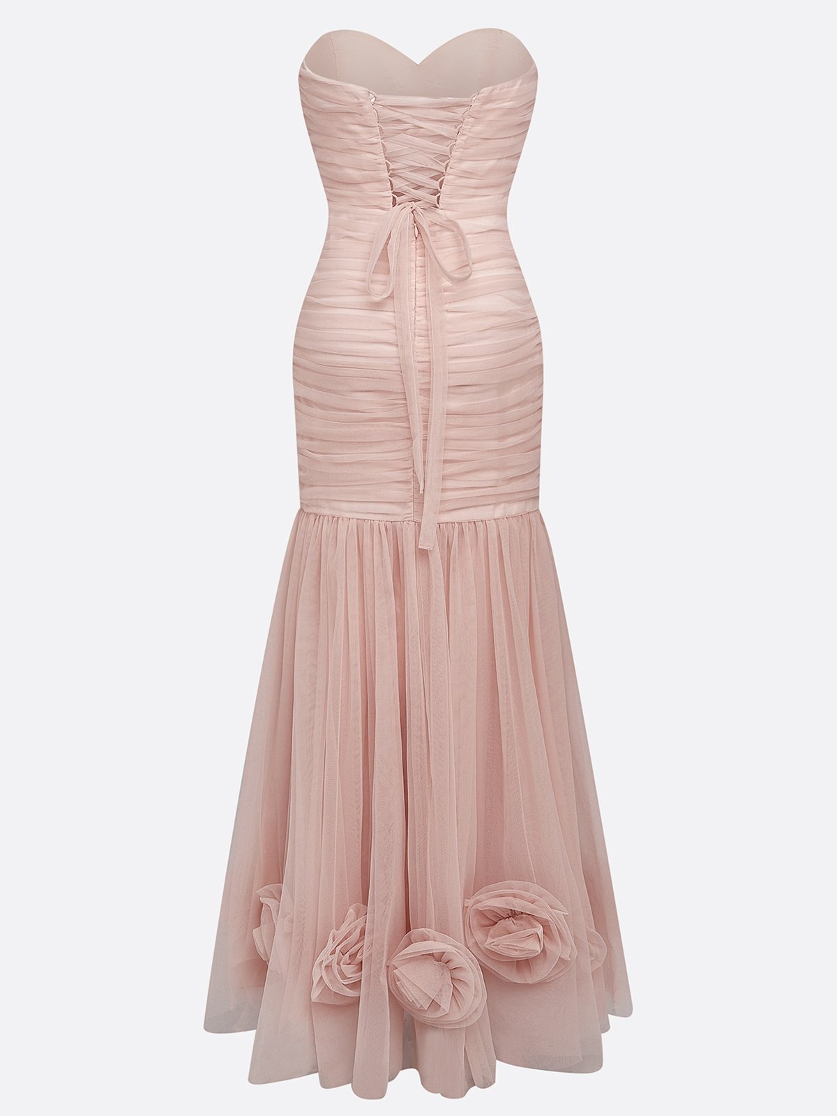 Pink 3D Floral Ruched Tulle Strapless Sleeveless Mermaid Maxi Dress