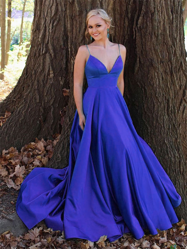 Green A Line V-Neck Spaghetti Straps Satin Long Prom Dress
