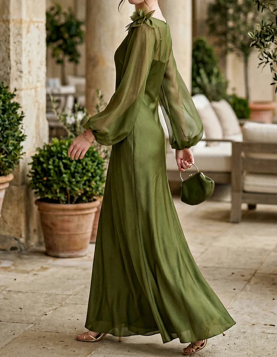 Green Chiffon Paired Satin Camisole Flowers Maxi Dress