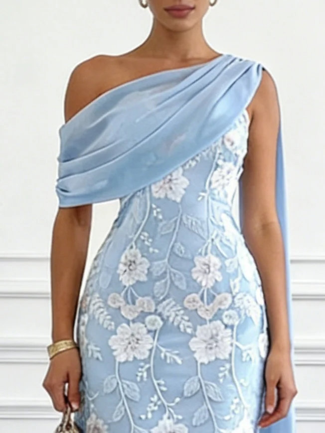 Light Blue Embroidery Classic Off The Shoulder Sleeveless Sheath Midi Dress